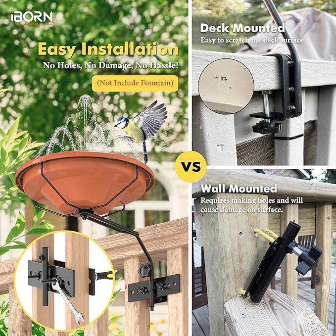 iBorn Bird Bath for Outside，Fence Mounted Bird Bath，Bird Baths for Outdoors, 12in BPA-Free Bowl，360°Swivel & Adjustable Height Bracket，Detachable Bird Bath for Fence Railing, Pack of 1