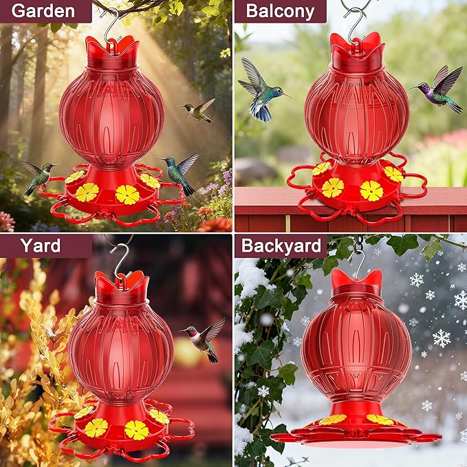 Hummingbird Feeders for Outdoors Hanging with Leak-Proof Base - 28oz Large Capacity Shatter-Resistant Hummingbird Feeder, Bottom Fill Wide Mouth Design & Ant/Bee Guards - Garden Decor (Red)
