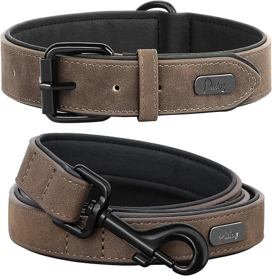 Didog Soft Padded Leather Dog Collar and Leash Set, Adjustable Dog Leash and Collar Set with Metal Buckle, Breathable Dog Collars with 4FT Leather Dog Leash for Small Medium Large Dogs, Brown, M