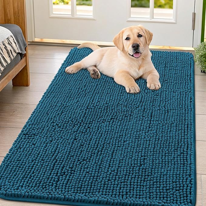 Smiry Dog Door Mat for Muddy Paws 47x32, Absorbs Moisture and Dirt Doormat, Non-Slip Washable Quick Dry Chenille Front Door Mat Indoor Entrance, Entryway Carpet for Inside Floor, Atlantic Blue