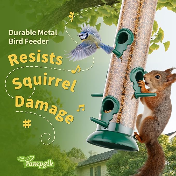 Metal Tube Bird Feeders for Outdoors Hanging,Finch Feeders for Outside,Chew-Proof Hanging Birdfeeder,Squirrel-Proof 6 Ports Bird Feeder 13 Inch,Anti-Rust,Green,1 Pack(Seed is not Included)