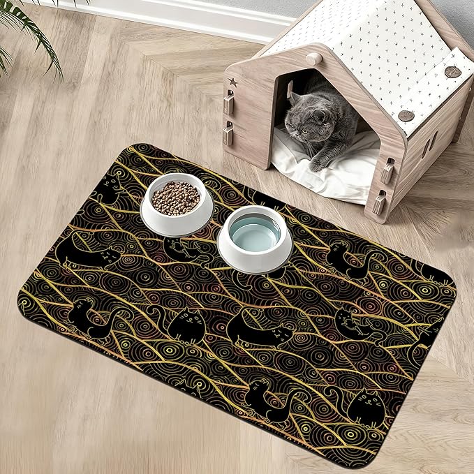 Japanese Cats Feeding Mat,Absorbent Quick-Dry Cat Dog Food and Water Bowl Mats,Non-Slip Rubber Backing Mat,Cat Dog Accessories Supplies 16" x 24"