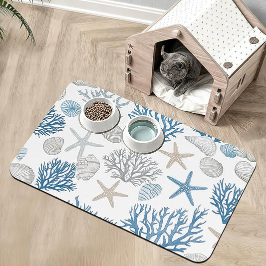 Seashell Beach Feeding Mat,Coral Starfish Absorbent Quick-Dry Cat Dog Food and Water Bowl Mats,Non-Slip Rubber Backing Mat,Cat Dog Accessories Supplies 16" x 24"