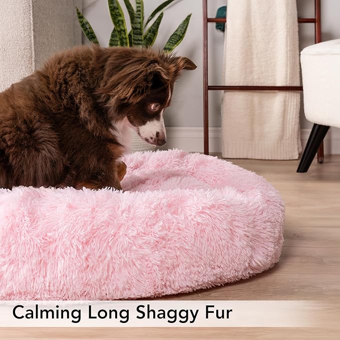 PetAmi Calming Dog Bed for Small Medium Dog Cat, Round Donut Dog Bed Washable, Fluffy Faux Fur Plush Cuddler Pet Kitten Cushion Bed, Anti-Slip, Fits up to 45 lbs, 30 inch, Pink