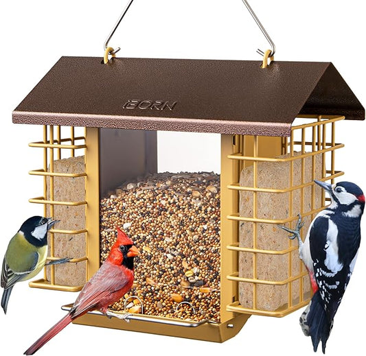 iBorn Bird Feeders for Outdoors,Bird Feeder with Double Suet Holders,Suet Feeder for Outside Hanging,Large Weatherproof Metal Roof,Easy to Refill & Clean,3.2 LBs Seed Capacity + 2X Cakes,1 Pack,Coffee
