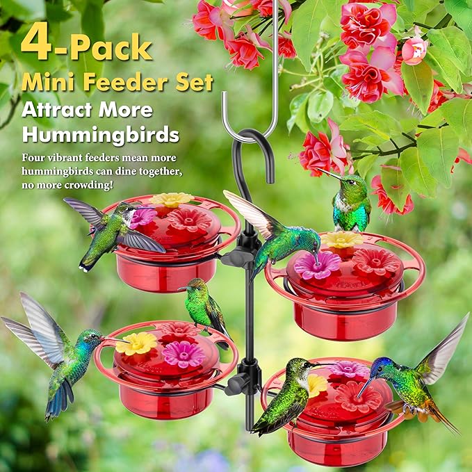 iBorn Small Hummingbird Feeder Hummingbird Feeders for Outdoors Hanging 4PCS 3OZ Mini Humming Bird Feeder with 3 Bee Guard Feeding Ports Silicone Flower Red