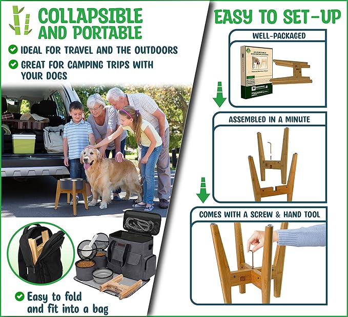 Dog Bowl Stand (12-inch High) - Ideal for Large Breeds - Adjustable Sideways, Slanted Feet - Elevates, Raises Pet Food Feeders, Water Dishes, Fountains, Dispensers - Bamboo Stand Only