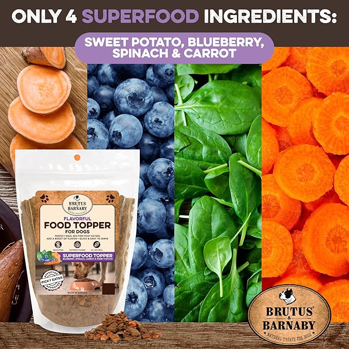 Dog Food Topper - Super Foods - Enhance Your Dogs Meal with This Healthy Vegan Flavor Packed Mix - Sprinkle On Dog Food Flavoring for Picky Eaters - Blueberries, Carrots, Spinach, Sweet Potato - 8oz
