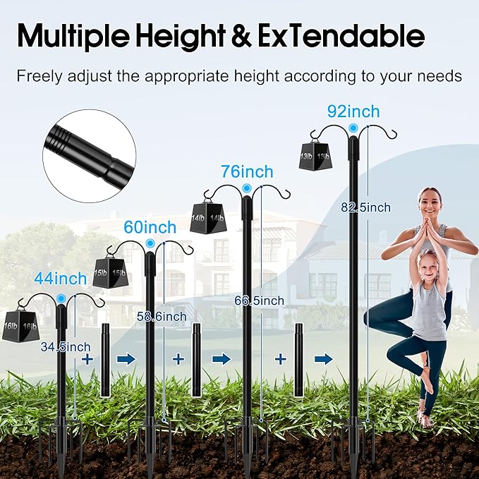 Ottsuls Bird Feeder Pole, 2 Pack 92 INCH Double Shepherds Hooks for Outdoor, with 5 Base Prongs Heavy Duty Tall Garden Planter Hooks for Hanging Flower Basket, Lantern, Hummingbird Feeder