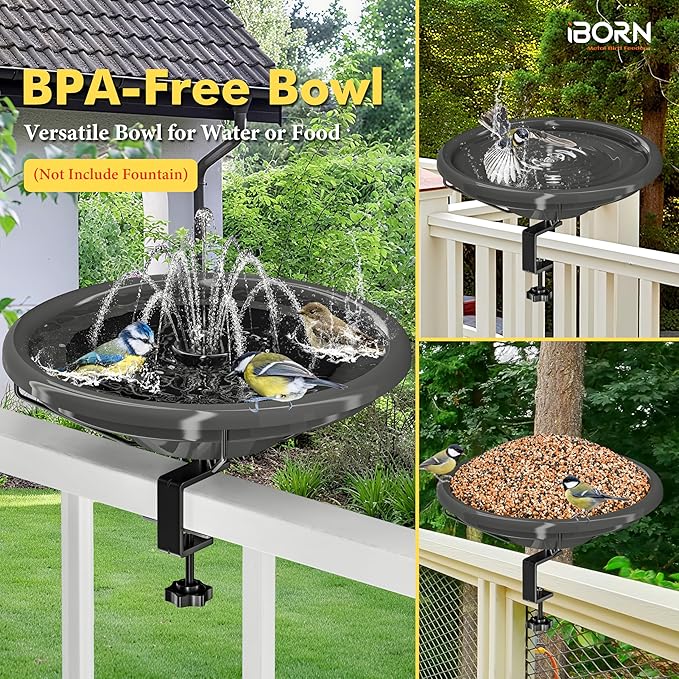 iBorn Bird Bath,Deck Mounted Bird Baths 12inch,Birdbath for Outside with Clamp 3.2inch,BPA-Free Bowl,Chew-Proof,Fully Detachable Design,Easy Clean & Refill,Gray,1 Pack（Not Include Fountain）