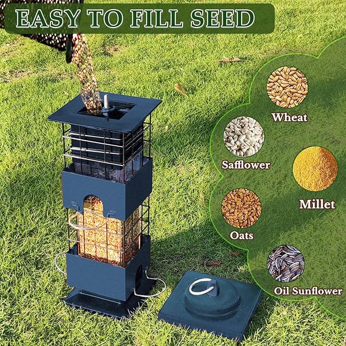 Squirrel Proof Bird Feeder, Metal Bird Feeders for Outdoors, 3 Lbs Birdfeeder Outside Hanging, Weight Activated Spring, 4 Feeding Ports, Cardinals, Finches & Sparrows, Wild Birds, Blue