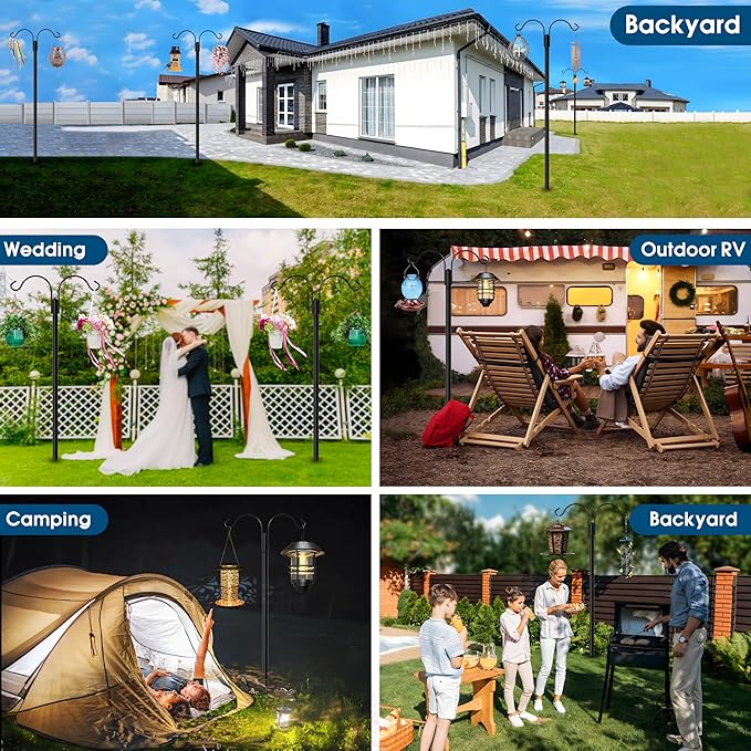 Ottsuls Bird Feeder Pole, 2 Pack 92 INCH Double Shepherds Hooks for Outdoor, with 5 Base Prongs Heavy Duty Tall Garden Planter Hooks for Hanging Flower Basket, Lantern, Hummingbird Feeder