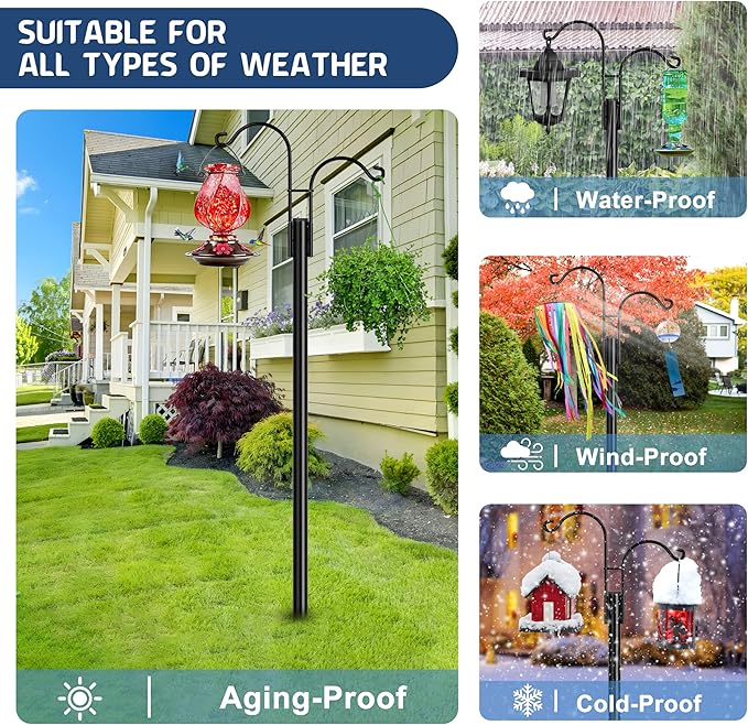 Ottsuls Bird Feeder Pole, 2 Pack 60 INCH Double Shepherds Hooks for Outdoor, Garden Pole with 5 Base Prongs Heavy Duty Planter Hooks for Hanging Plant Baskets, Lantern, Hummingbird Feeder