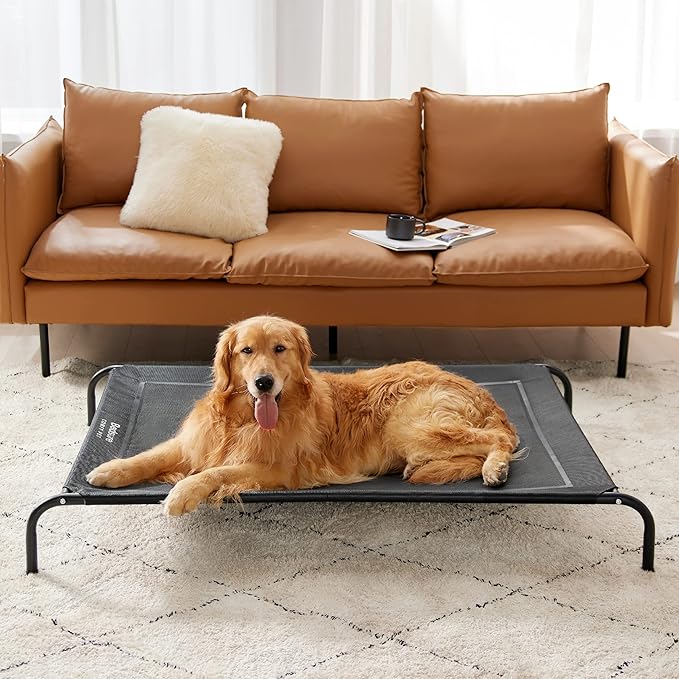 Bedsure Outdoor Elevated XL Dog Bed, Portable Indoor & Outdoor Cooling Raised Cot Pet Hammock Bed with Skid-Resistant Feet, Frame with Breathable Mesh, Black, 54 inches