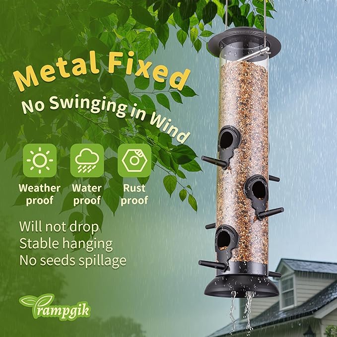 Bird Feeder Premium Hard Plastic for Wild Bird Feeders for Outdoors,Tube Bird Feeders for Outdoors Hanging,14 Inch 6 Port Black,Pack of 1
