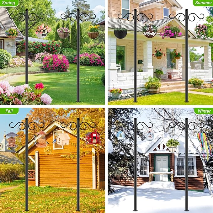Double Shepherds Hooks for Outdoor,2 Pack 55 Inch Bird Feeder Pole with 5 Prongs Base,Heavy Duty Shepherds Hook,Suitable for Garden in Hanging Flower Basket,Lantern,Bird Nests (2 Pack 55 inch)