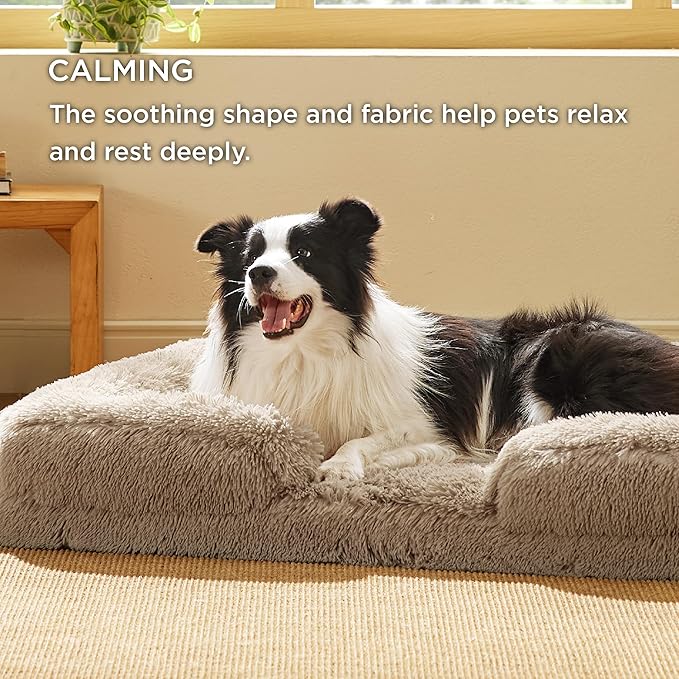 Bedsure Orthopedic Dog Beds Large Sized Dog - Washable Large Dog Cat Bed Waterproof, Comfort Dogs Couch Sofa with Washable Removable Cover, Pet Bed with Nonskid Bottom, Long Faux Fur-Taupe, 35"