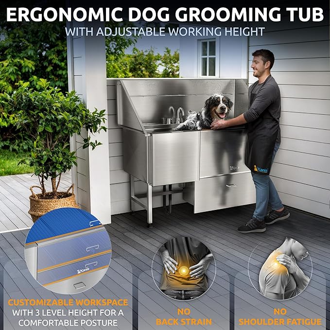 KANIS Professional Dog Washing Station - 304 Stainless Steel Pet Wash Sink & Grooming Bath Tub for Home with Ramp, Shower, Floor Grate, Storage Drawer, Faucet, Drain Kit for Large, Medium & Small Pets