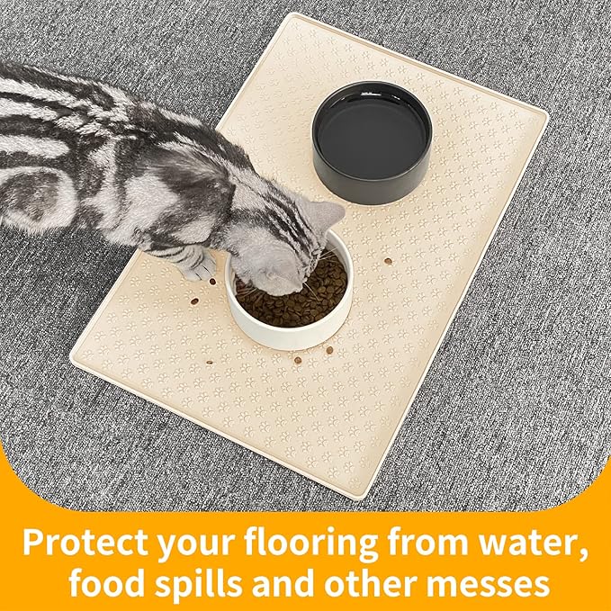 Ptlom Silicone Pet Placemat for Dog and Cat, Waterproof Non-Slip Pet Feeding Bowl Mats for Food and Water, Small Medium Large Tray Mat Prevent Residues from Spilling to Floor, Beige, 24.5" 16.5"