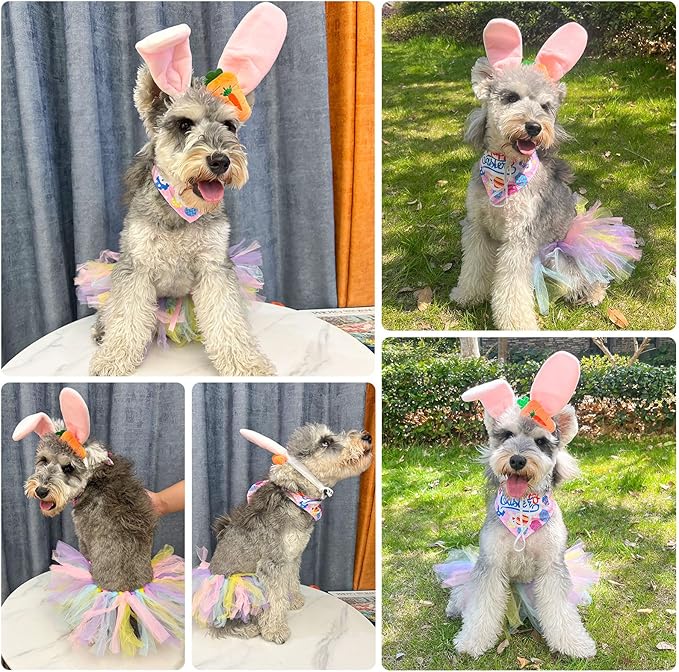 SCENEREAL Easter Dog Bandana Outfit with Cute Bunny Ears Headband and Tutu Dress, Puppy Holiday Costume Accessory, Pink Eggs Rabbit Prints Scarf Pet Birthday Party Supplies for Small Medium Dogs Cats
