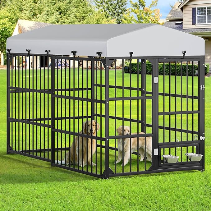 YITAHOME Large Outdoor Dog Kennel with Rotating Feeder Bowls, 8'L x 4'W x 5.4'H Dog Pens Outside with Roof, Heavy Duty Dog Cage for Medium Large Dogs