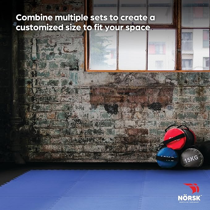 Norsk Reversible Exercise Mats 3/4" Thick EVA Interlocking Foam Tiles - Perfect for Home Gym Flooring, 28 Tiles & 56 Trim Pieces, 112 Sq. Ft. Reversible, Dazzling Blue/Black