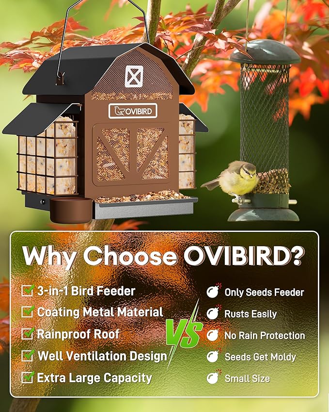 Bird Feeders for Outdoors Hanging, 5LBS Large Bird Feeder with 2 Suet Cage, Red Barn Metal Birds Feeder for Outside, Weather Resistant Cardinal Feeders, ldeal Birds Watching Gifts (Brown)