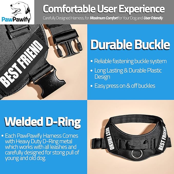 PawPawify Custom No Pull Dog Harness with Name and Phone Number, Heavy Duty Personalized Pet Vest to Prevent Tugging, Pulling, or Choking, Training and Walking (Black, XL (Chest 28-35in))