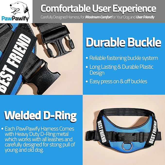 PawPawify Custom No Pull Dog Harness with Name and Phone Number, Heavy Duty Personalized Pet Vest to Prevent Tugging, Pulling, or Choking, Training and Walking (Blue, XL (Chest 28-35in))