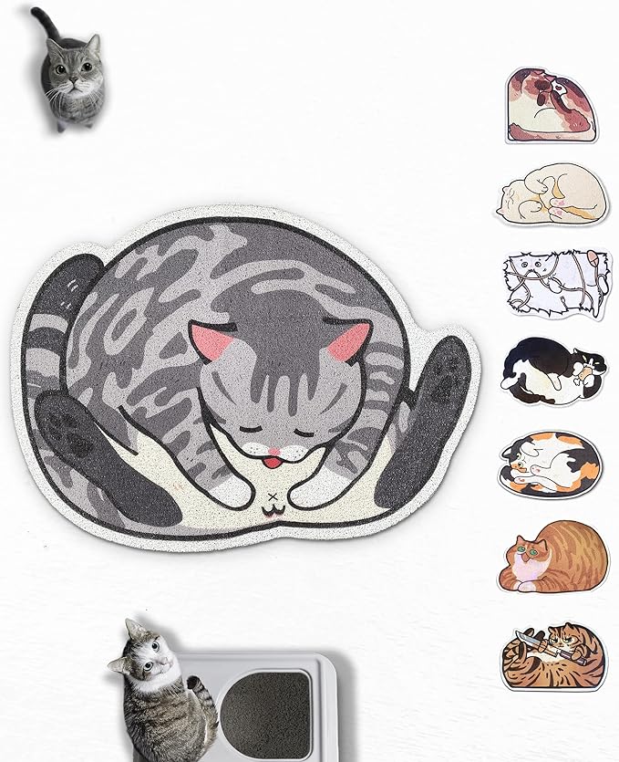 Lukamoo® Cute Cat Litter Mat (30’’x20’’), Large/L, for Kitty Litter & Cute Cat Litter Box, Litter Trapping Mat (Grey Tabby)