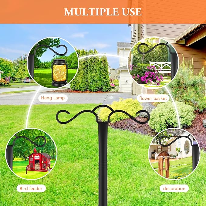 SINLEY Double Shepherds Hook for Outdoor with 5 Prong Base 90 Inch Heavy Duty Two Sided Bird Feeder Pole for Hanging Lantern,Hummingbird Feeder,Lightweight Plant,Shepherds Hook for Bird Feeders