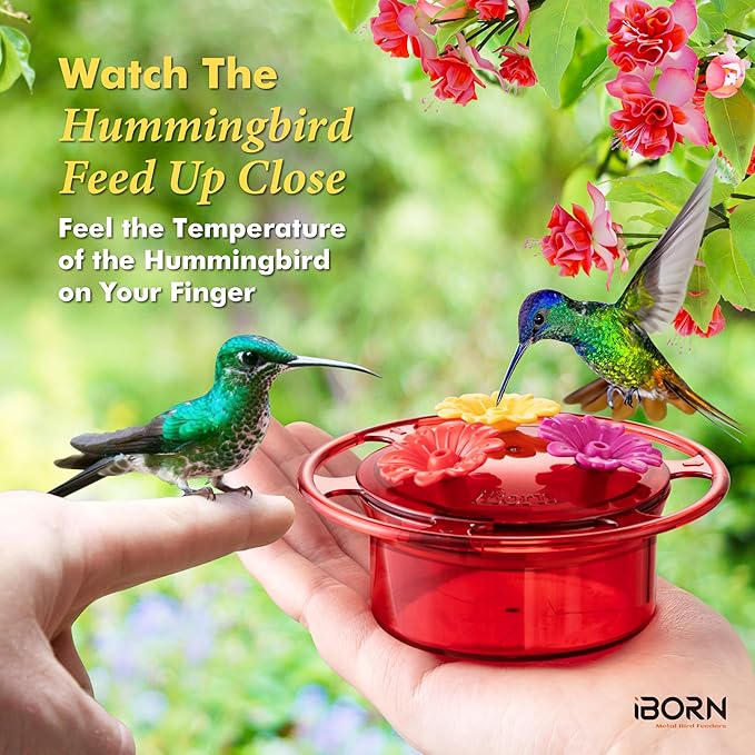 iBorn Handheld Hummingbird Feeders for Outdoors, Hummingbird Hand Feeder 3OZ Mini Bird Feeders for Outdoors,3 Bee Guard Feeding Ports, Silicone Flower, Red (Set of 1)
