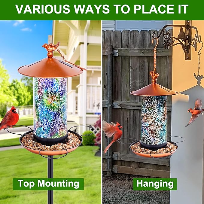 XDW-GIFTS Mosaic Solar Wild Bird Feeder with Pole Kit, Waterproof Lantern Design with Adjustable Heavy-Duty Bird Feeder Post for Outside, Garden- Unique Gifts for Mom,Women, Grandma,Bird Lovers