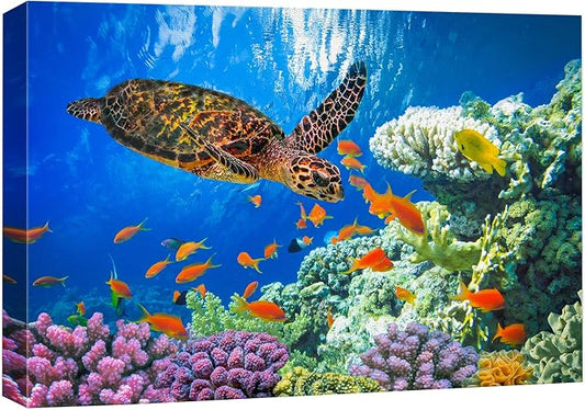 wall26 Canvas Print Wall Art Vibrant Neon Underwater Turtle, Reef & Fish Nature Animals Photography Realism Rustic Scenic Landscape Wilderness Colorful for Living Room, Bedroom, Office - 16"x24"