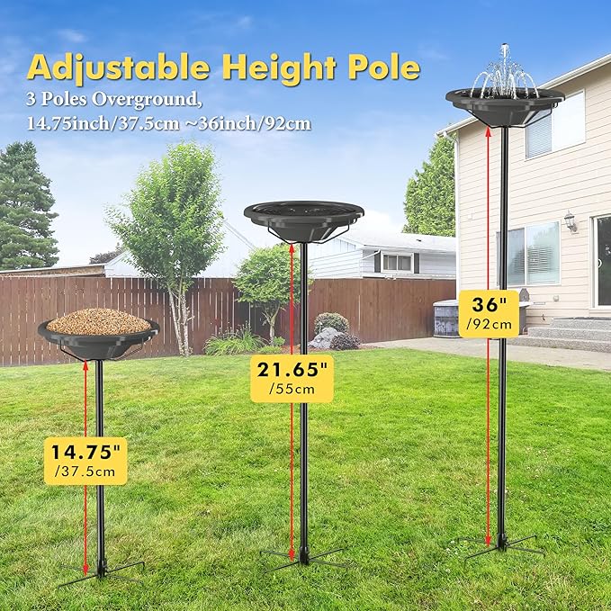 iBorn Bird Bath for Outside,36″ Freestanding Bird Bath with 3 Adjustable Height Pole,12″ BPA-Free Plastic Bowl,5-Prongs Base,Metal Pole and Plastic Bird Bath Bowl,Gray,1 Pack（Not Include Fountain）
