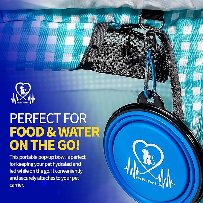 Pet Fit For Life Extra Large Cat Carrier for Travel - Foldable & Portable Collapsible Kennel with Litter Box, Feather Toy & Water/Food Bowl - Ideal for Cars, Long Trips & Indoor Cats - Teal Checkers