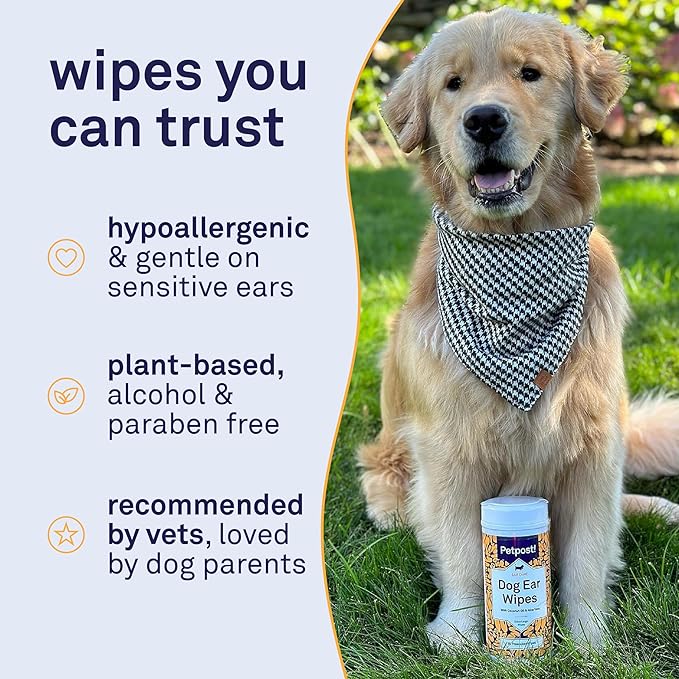 Petpost Large Dog Ear Cleaner Wipes | Ultra Soft XL Cotton Pads in Coconut Oil Aloe Solution | Remedy for Dog Ear Rinse & Cleanser 60 ct.