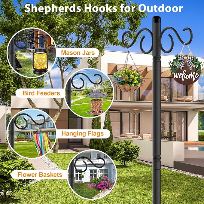 Adjustable Shepherd Hooks for Outdoor,2 Pack 70 Inch 5 Prong Base Bird Two Sided Feeder Poles,Heavy Duty Shepherds Hook,Suitable for Garden in Hanging Flower Basket,Lantern,Bird Nests