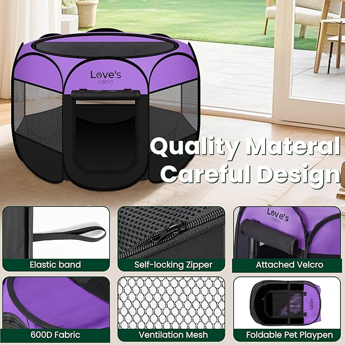 Love's cabin Pet Puppy Dog Playpen, Large Dog Tent Crates Cage Indoor/Outdoor, Portable Playpen for Cat, Foldable Pop Up Dog Kennel Playpen with Carring Case, Removable Zipper Top, Purple