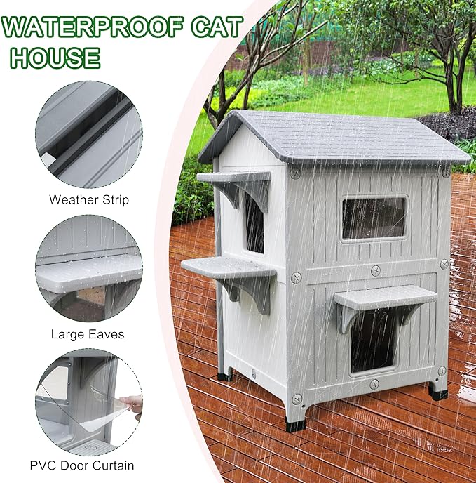 Rockever Plastic Insulated Outdoor Cat House with Escape Door, 2 Story Waterproof Cat House for Outdoor Cats for Feral Cats, Elevated Outside Cat Shelter, Clean and Assemble Easily