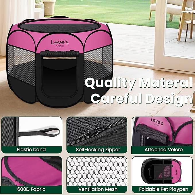 Love's cabin Pet Puppy Dog Playpen, Large Dog Tent Crates Cage Indoor/Outdoor, Portable Playpen for Cat, Foldable Pop Up Dog Kennel Playpen with Carring Case, Removable Zipper Top, Pink