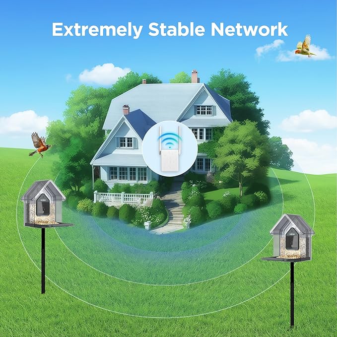 Solar Smart Bird Feeder with Camera,Stable Link via Signal Transmitter (Plug to Router),One-Step QR Scan,Elderly-Friendly,AI Bird ID,2K HD Live Video & 5MP Photos,Instant Arrival Alerts