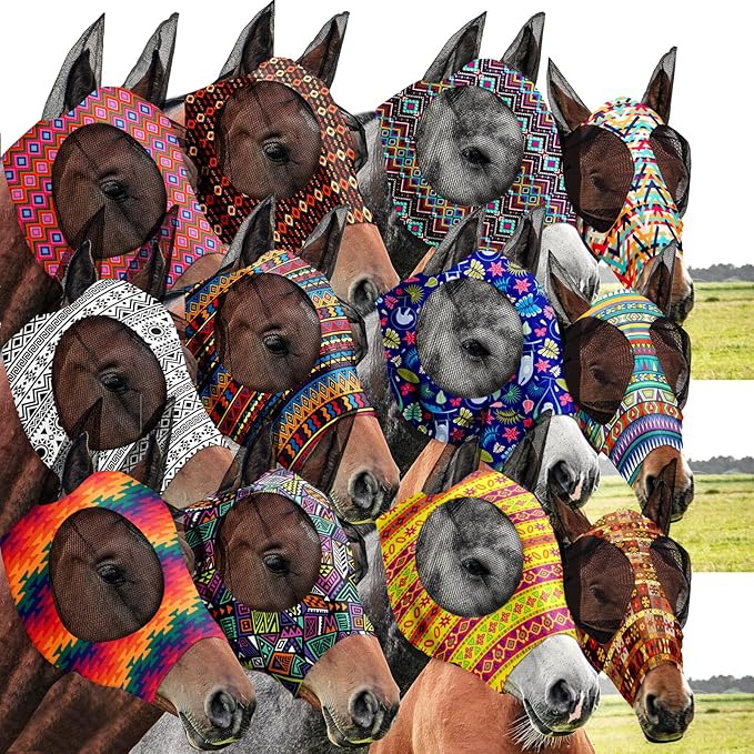 Qualirey12 Pieces Horse Fly Mask Bulk Comfortable Elasticity Mask for Horses with Ears Net UV Protection Breathable Horse Supplies Face Covering for Horse Pony and Foal (Geometric Patterns, Large)