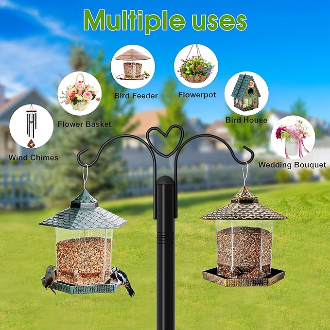 XDW-GIFTS Shepherds Hooks for Outdoor, 2-Pack 60 Inch Heavy Duty Bird Feeder Pole, Garden Pole for Hanging Plants, Lantern, Hummingbird Feeder, Hanging Plant Stand with 5 Base Prongs