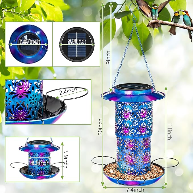 XDW-GIFTS Bird Feeder for Outdoors Solar Hanging Bird Feeder Bird House with Cardinal Feeder Large Capacity Metal Wild Bird Feeder for Garden Decor Unique Gifts & Patio Decor (Blue, 10.5 INCH)