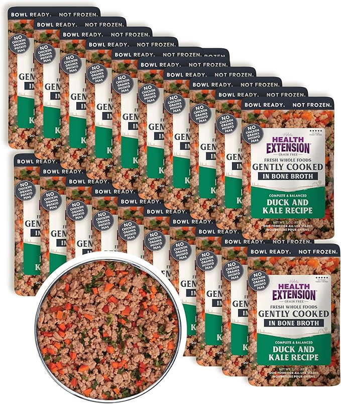 Health Extension Gently Cooked Grain-Free Duck & Kale Dog Food, Human-Grade & Shelf-Stable with Superfoods, Supports Digestion, Immunity, Skin & Coat, 3 oz Pouch (Pack of 20)