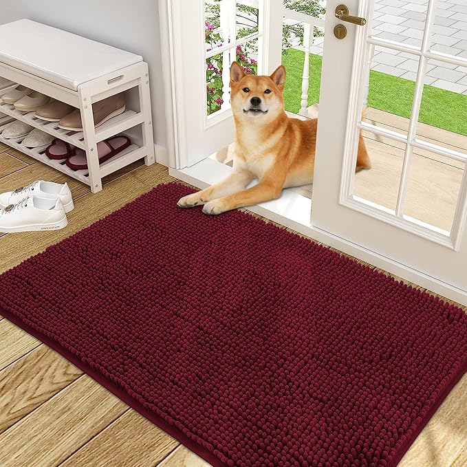OLANLY Dog Door Mat for Muddy Paws 48x30, Absorbs Moisture and Dirt, Absorbent Non-Slip Washable Doormat, Quick Dry Chenille Mud Mat for Dogs, Entry Indoor Entryway Carpet for Inside Floor, Burgundy
