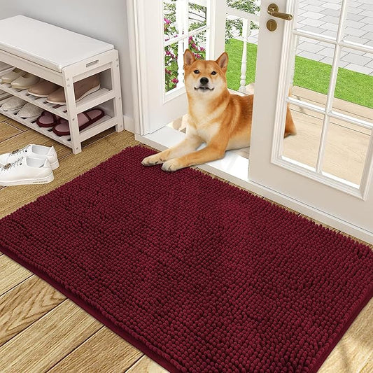 OLANLY Dog Door Mat for Muddy Paws 48x30, Absorbs Moisture and Dirt, Absorbent Non-Slip Washable Doormat, Quick Dry Chenille Mud Mat for Dogs, Entry Indoor Entryway Carpet for Inside Floor, Burgundy
