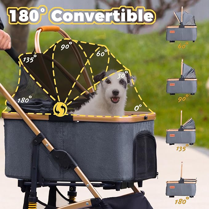 Pet Stroller for Small Medium Dogs, Lightweight Small Dog Stroller for Dogs Cats with 6 Shock Absorption System, Detachable Carrier Suitable for Car Seat & Hand Carry, Safe Outings, Gray