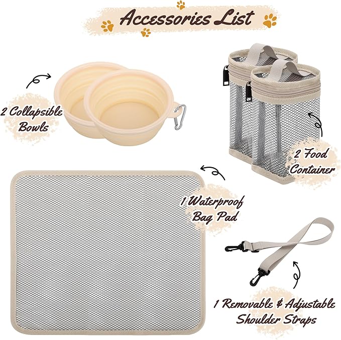 Modoker All-in-One Dog Travel Bag Airline Approved Pet Cat Tote Organizer for Weekend Trips, 2 Bowls, 2 Food Containers & Feeding Mat